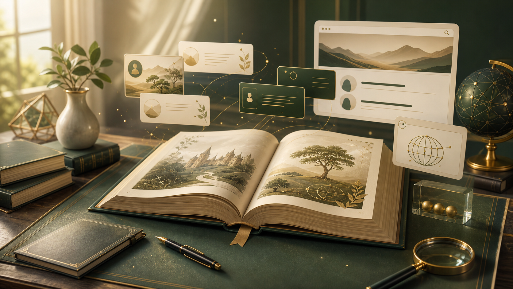 Open storybook with digital identity cards and domain-name guide visuals